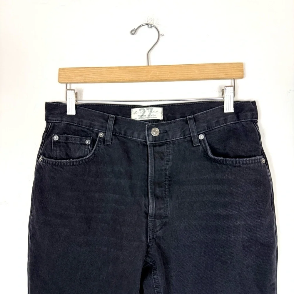 FREE PEOPLE Maggie Mid Rise Washed Black Distressed Straight Leg Cropped Jeans